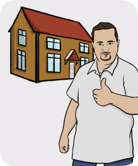 A man thumbs up in front of his house